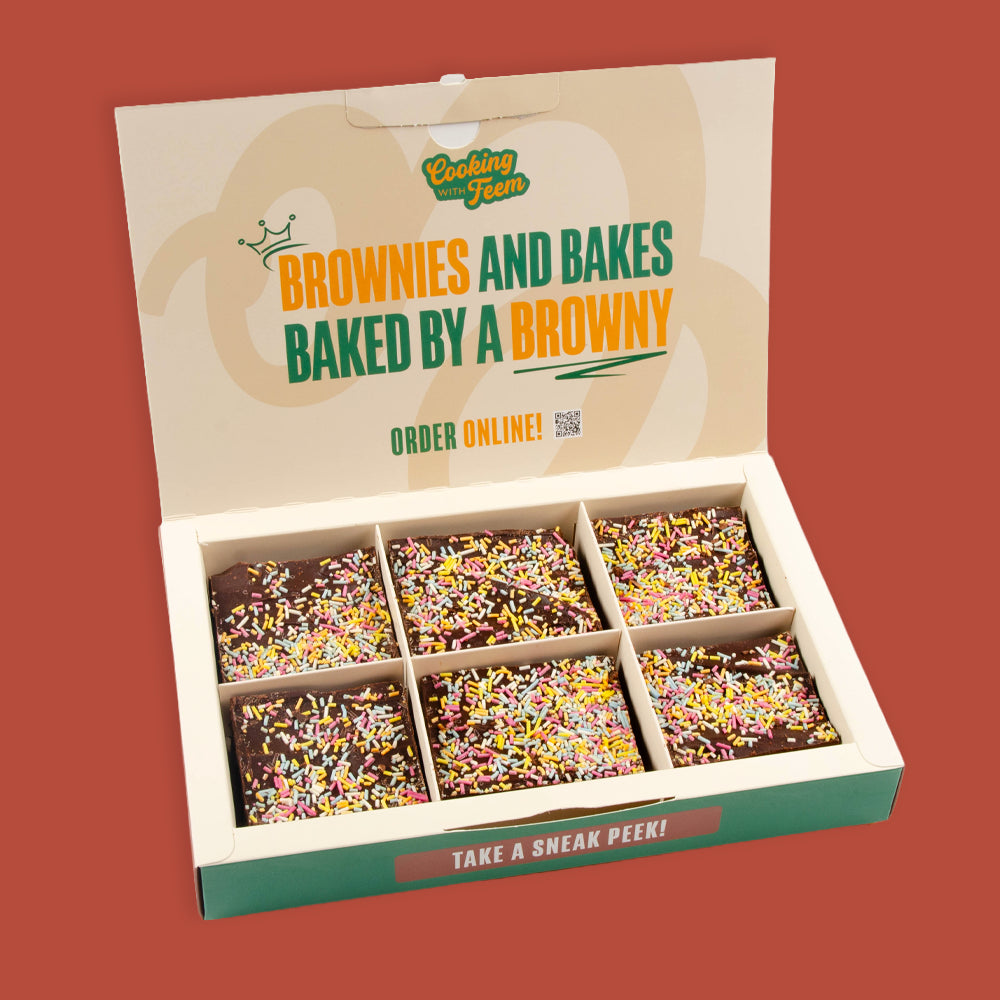 Open postal box of six Birthday chocolate brownies with sprinkles