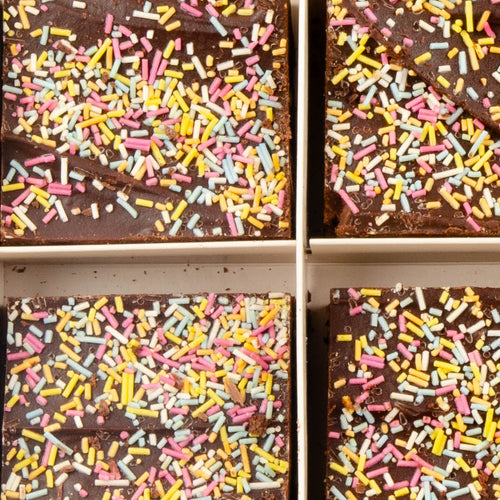 Close-up of aBirthday brownie topped with colourful sprinkles