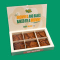 Open postal box of six Classic chocolate brownies
