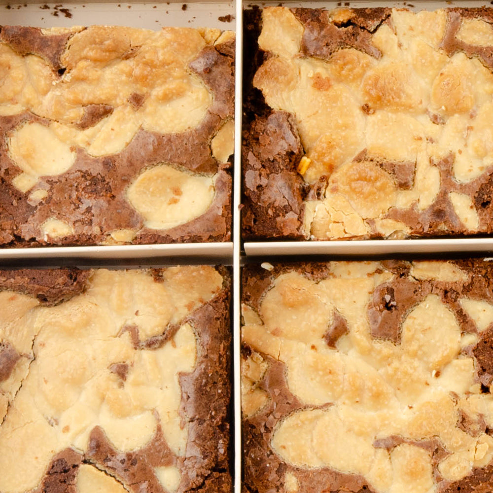 Close-up of Kinder brownies topped with chocolate kinder pieces