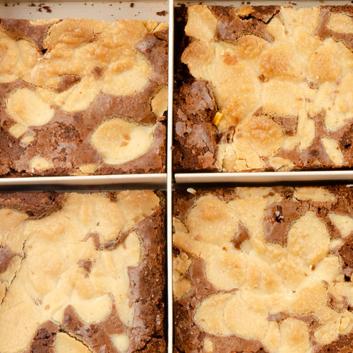 Close-up of Kinder brownies topped with chocolate kinder pieces