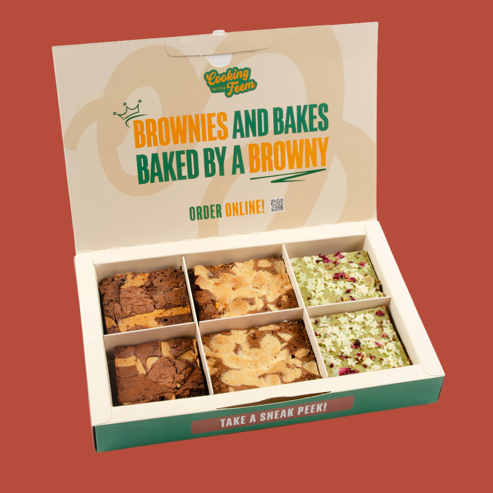 Open postal box of six brownies the Nutty Trio