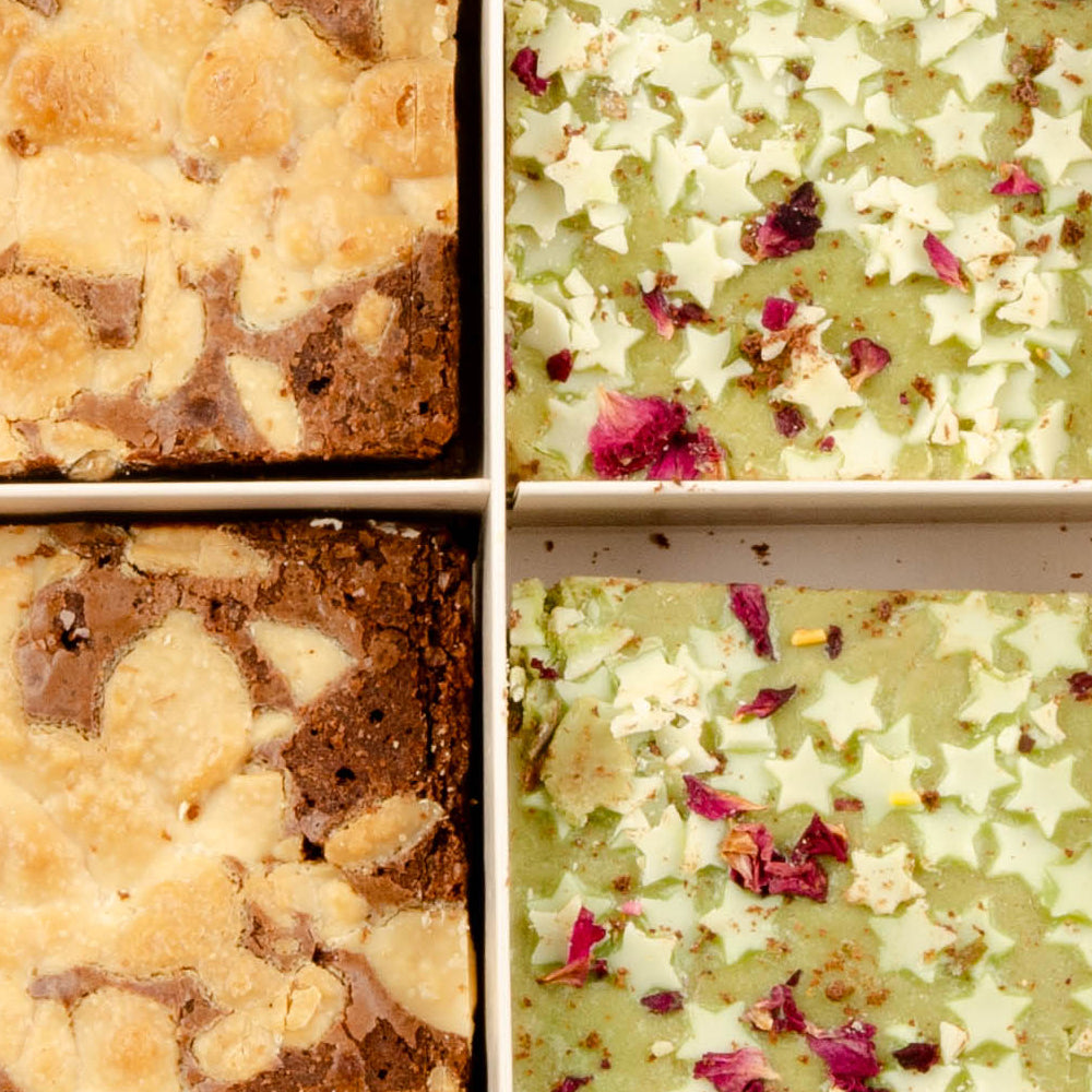 Close-up of a Nutty Trio brownie topped with chocolate pieces and sprinkles