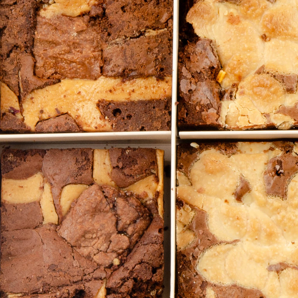 Close-up of a Nutty Trio brownies topped with chocolate pieces