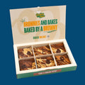 Open postal box of six Triple brownies from Cooking with Feem