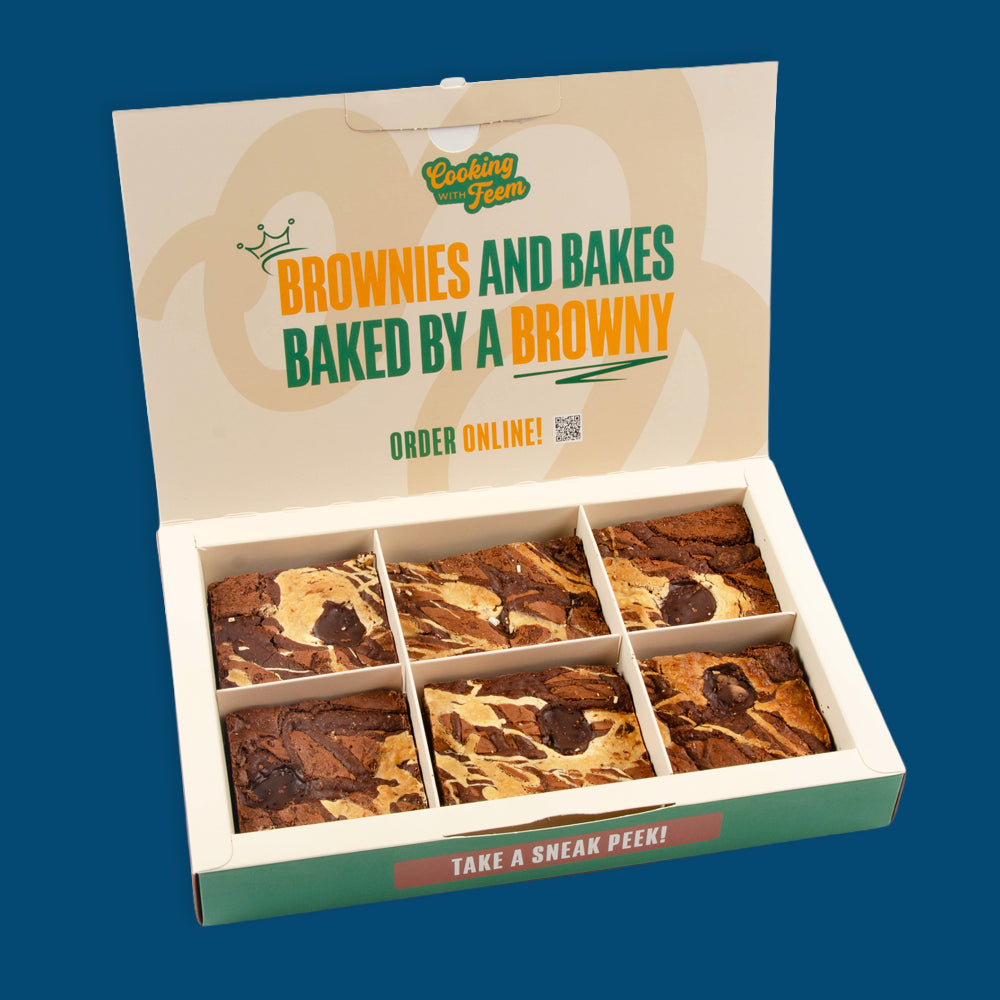 Open postal box of six Triple brownies from Cooking with Feem